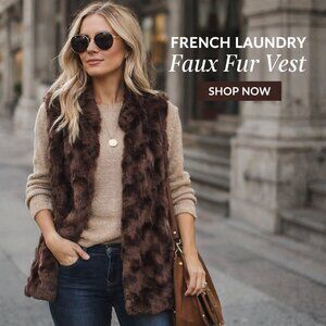 French Laundry Faux Fur Lined Vest Size XL Brown Sleeveless Jacket-Coat